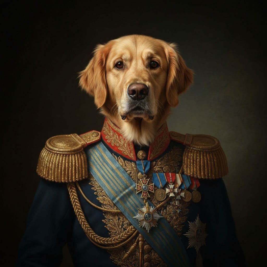 Renaissance style pet portrait of a golden retriever in royal military attire