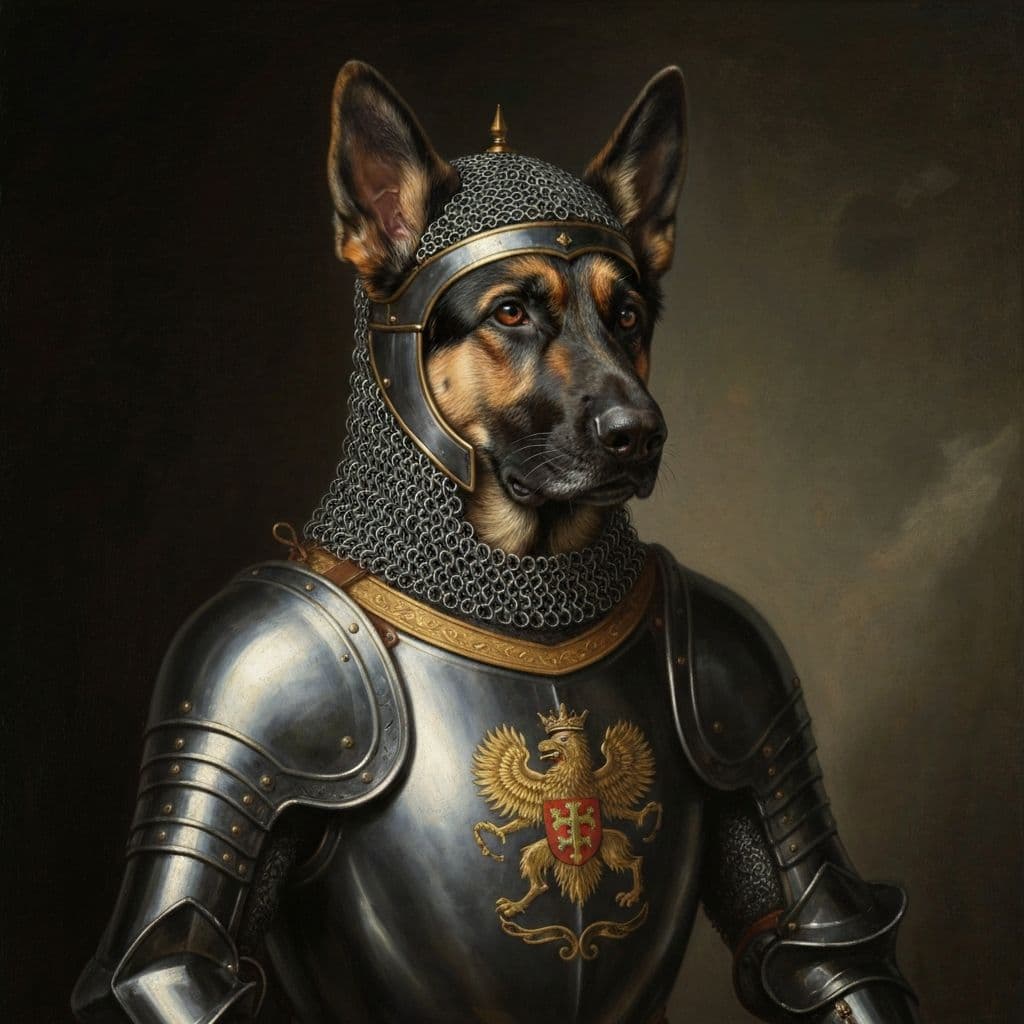 German shepherd in knight's armor