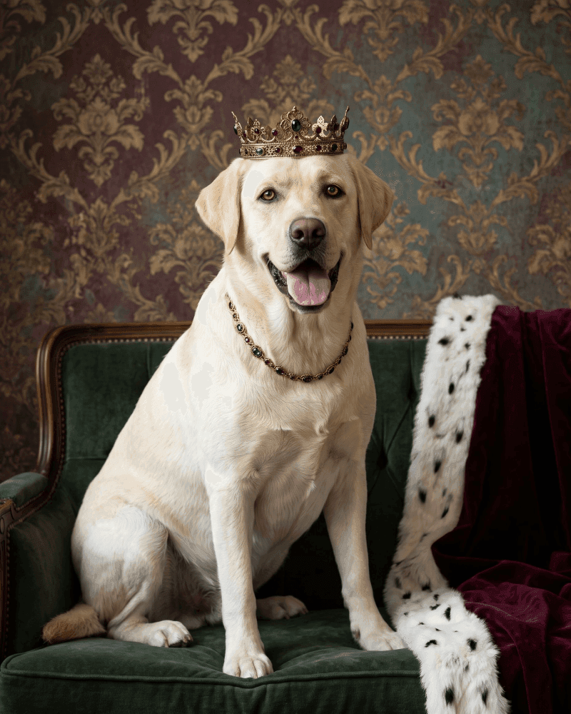 Yellow Labrador wearing a gold crown and jewelled collar on a green velvet armchair
