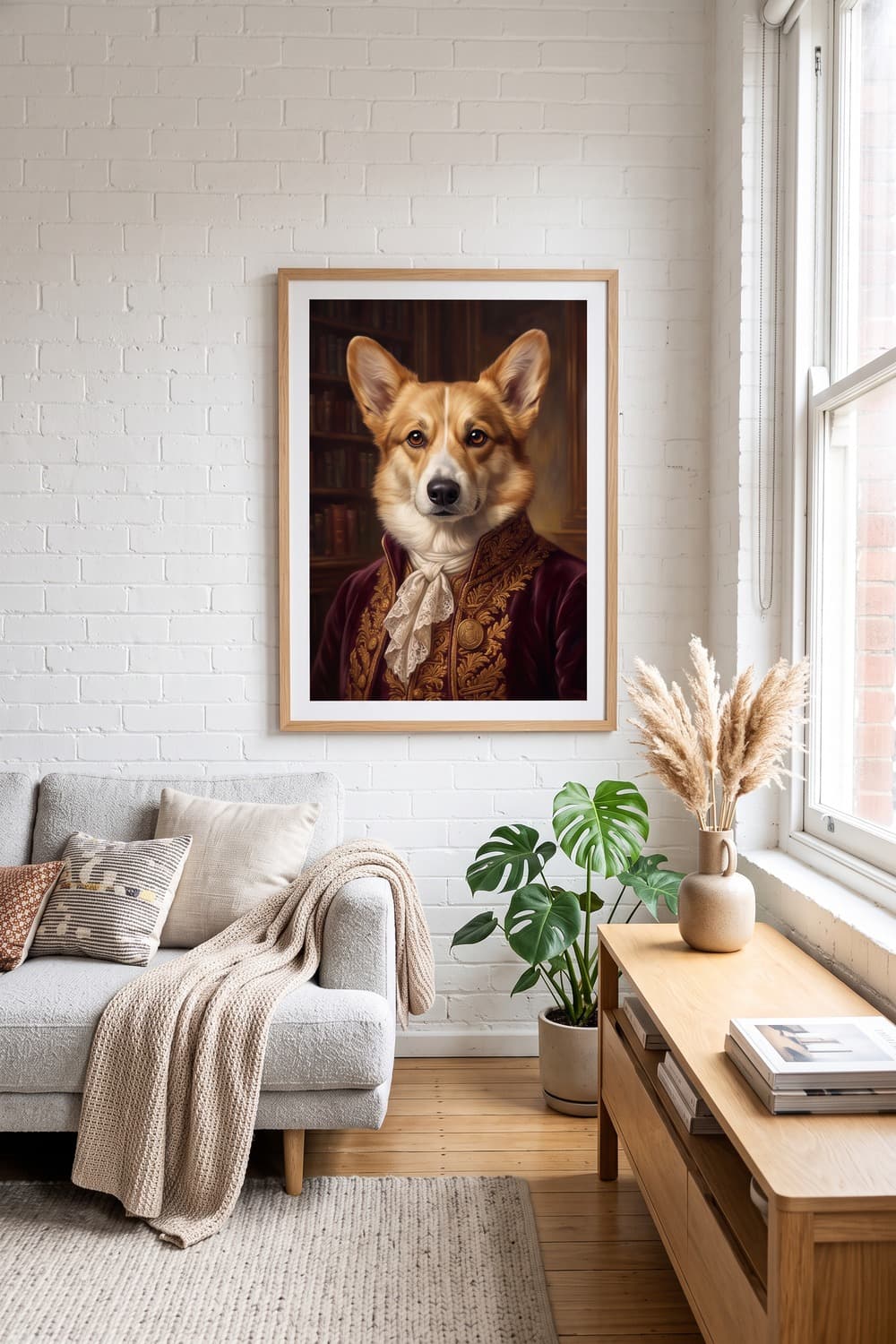 Renaissance-style portrait of a corgi displayed in a living room