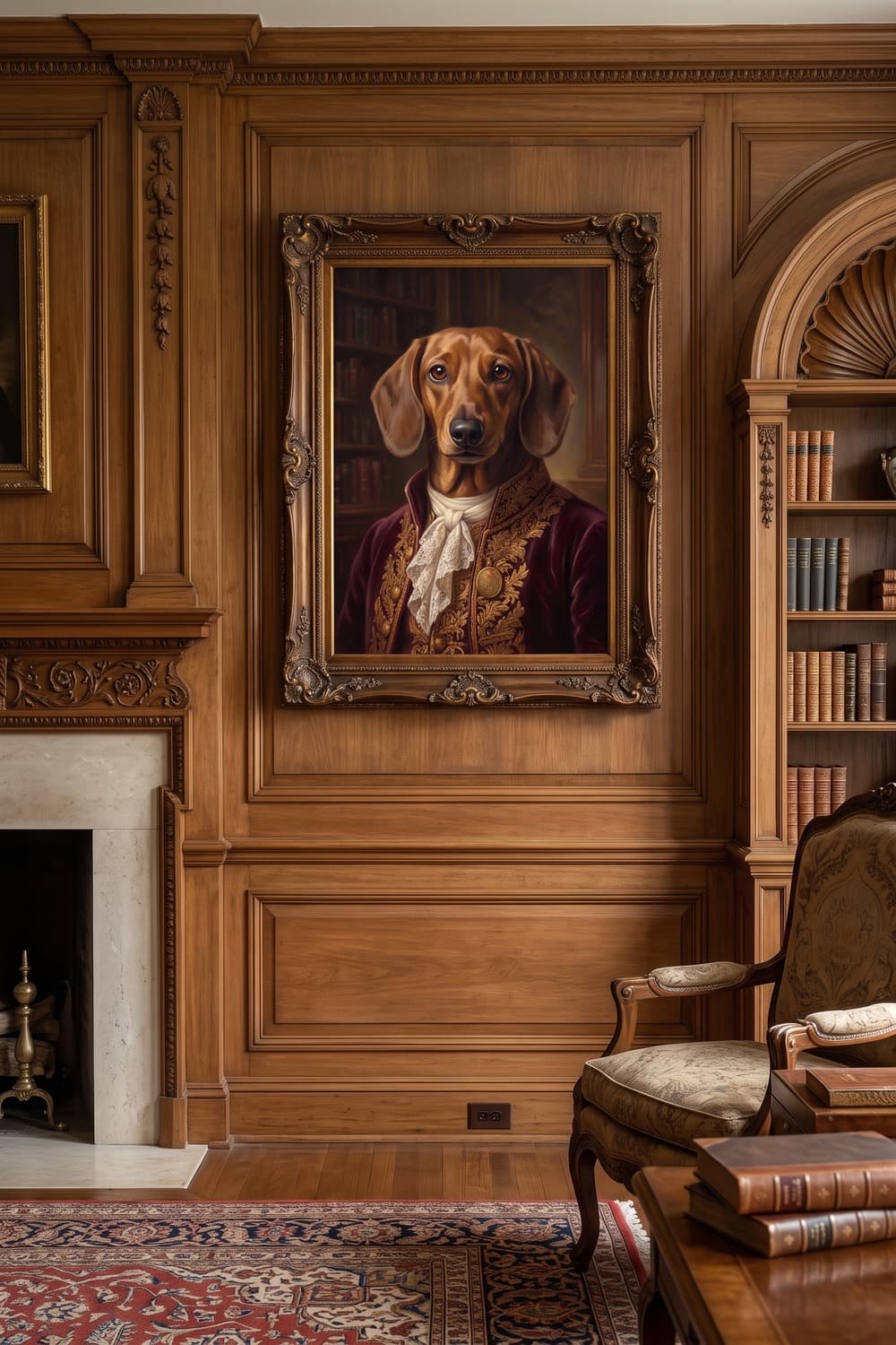 Renaissance-style portrait of a dachshund displayed in a living room