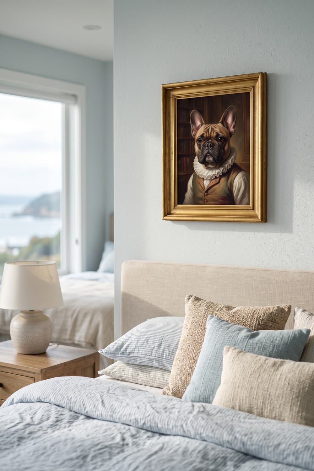 Renaissance-style portrait of a french bulldog displayed in a bedroom