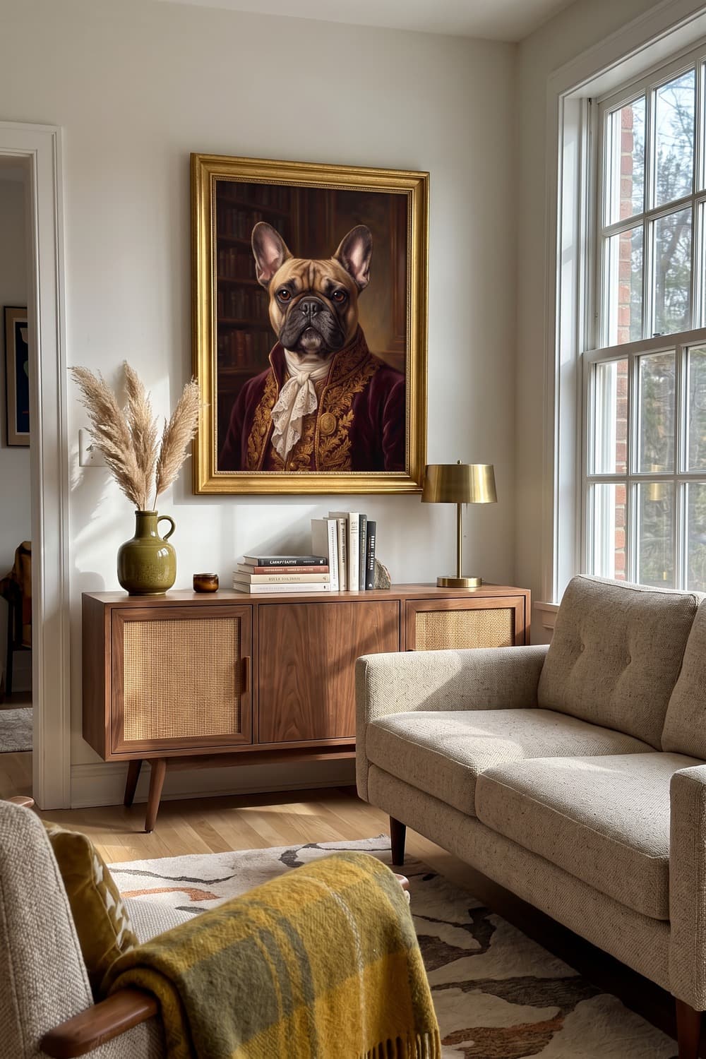 Renaissance-style portrait of a french bulldog displayed in a living room