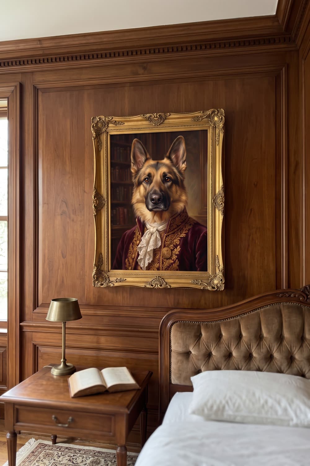 Renaissance-style portrait of a german shepherd displayed in a bedroom