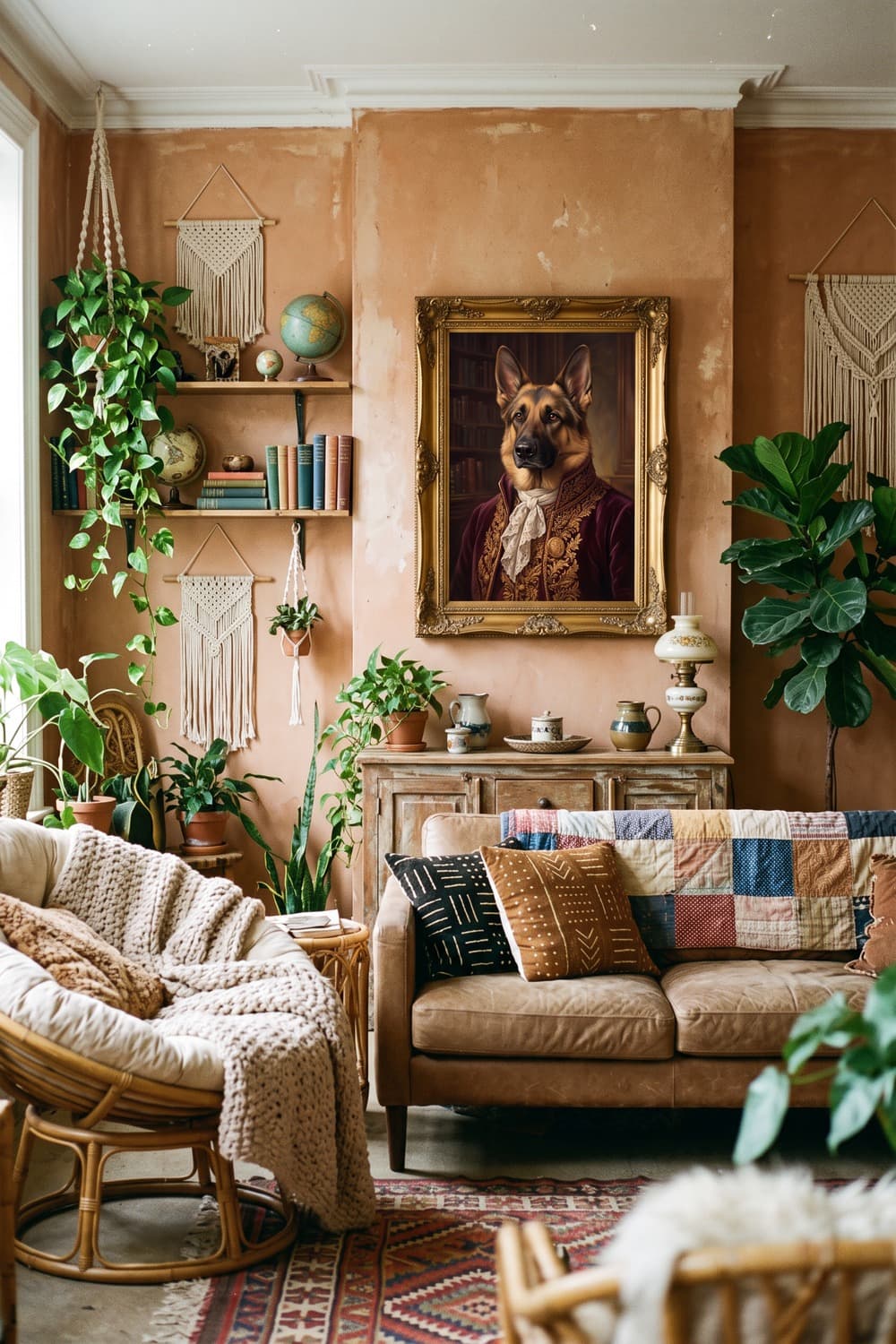 Renaissance-style portrait of a german shepherd displayed in a living room