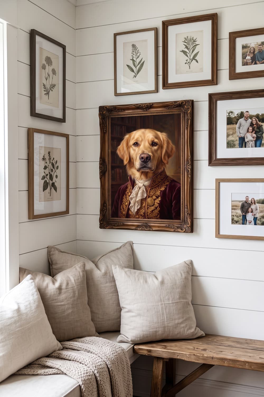 Renaissance-style portrait of a golden retriever as part of a gallery wall