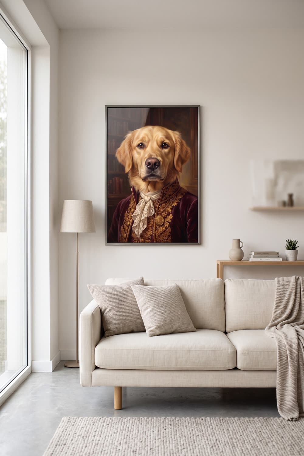 Renaissance-style portrait of a golden retriever displayed in a living room