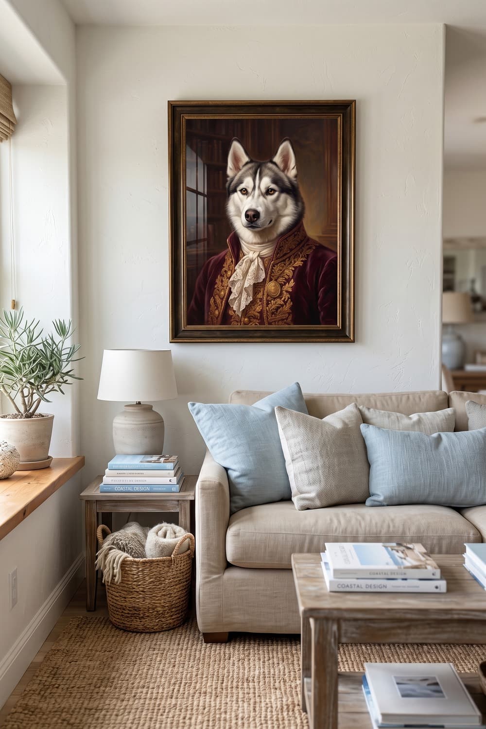 Renaissance-style portrait of a husky displayed in a living room