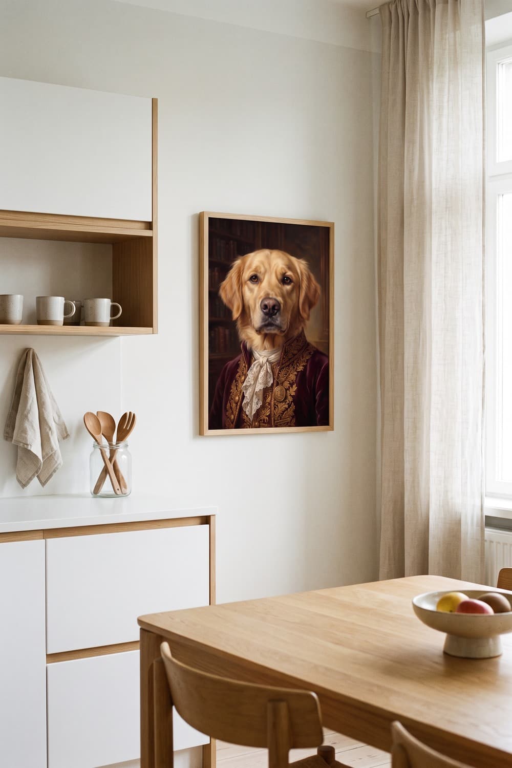 Renaissance-style portrait of a labrador displayed in a kitchen