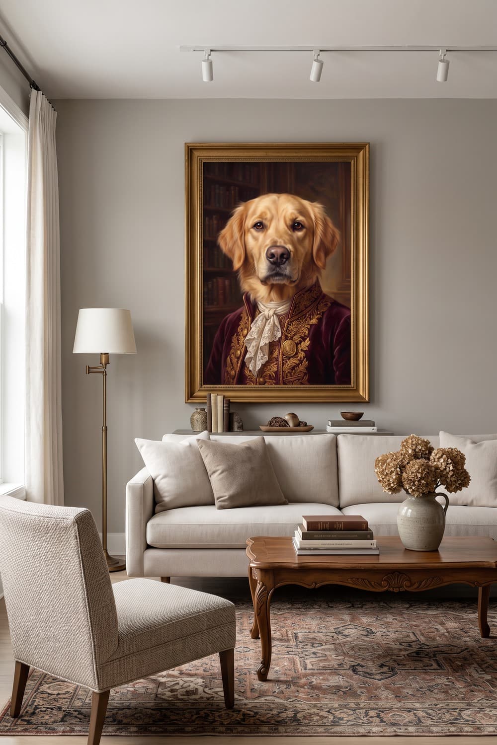 Renaissance-style portrait of a labrador displayed in a living room
