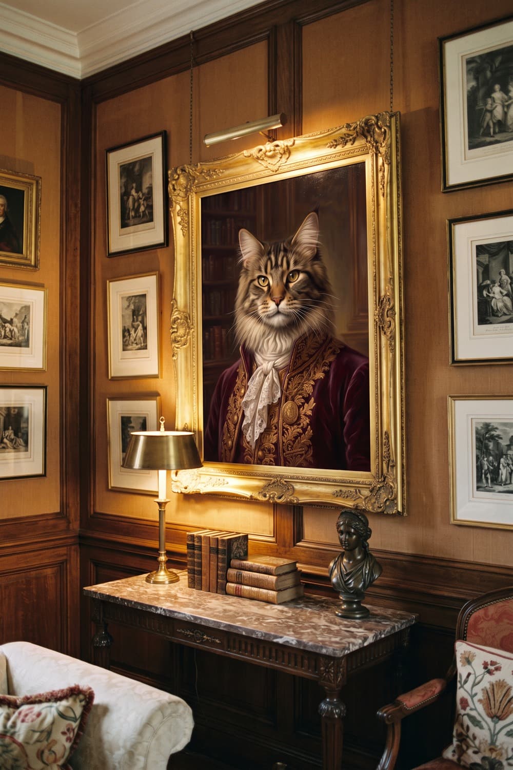 Renaissance-style portrait of a Maine Coon cat as part of a gallery wall
