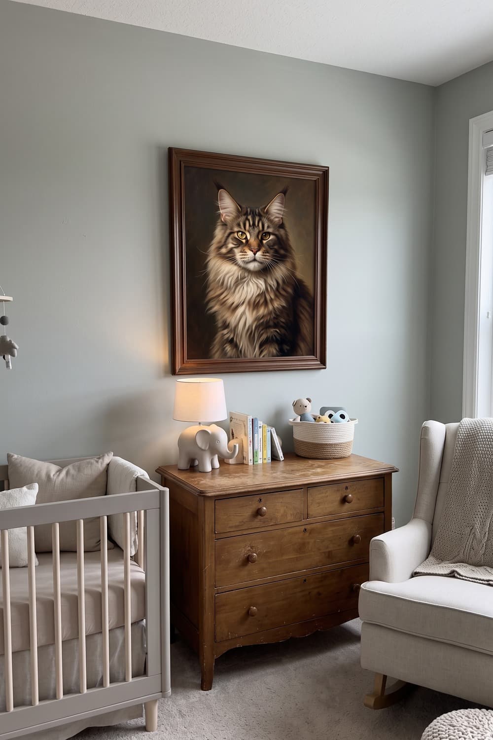 Renaissance-style portrait of a Maine Coon cat displayed in a nursery