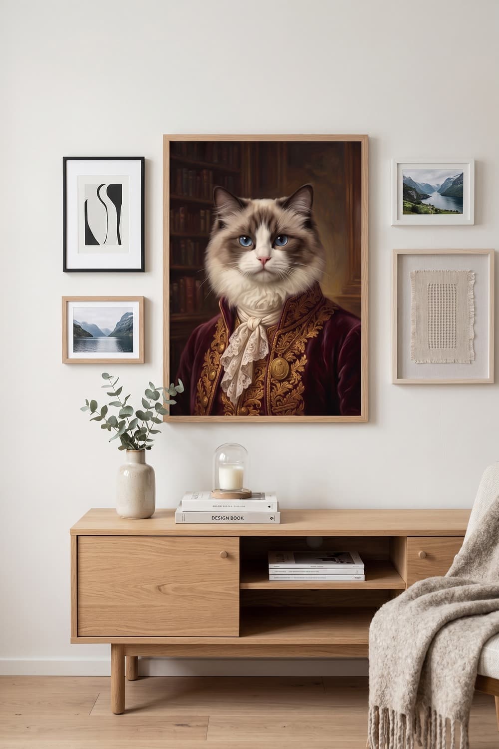 Renaissance-style portrait of a Ragdoll cat as part of a gallery wall