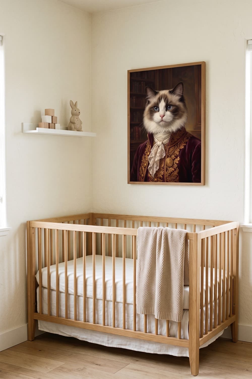 Renaissance-style portrait of a Ragdoll cat displayed in a nursery