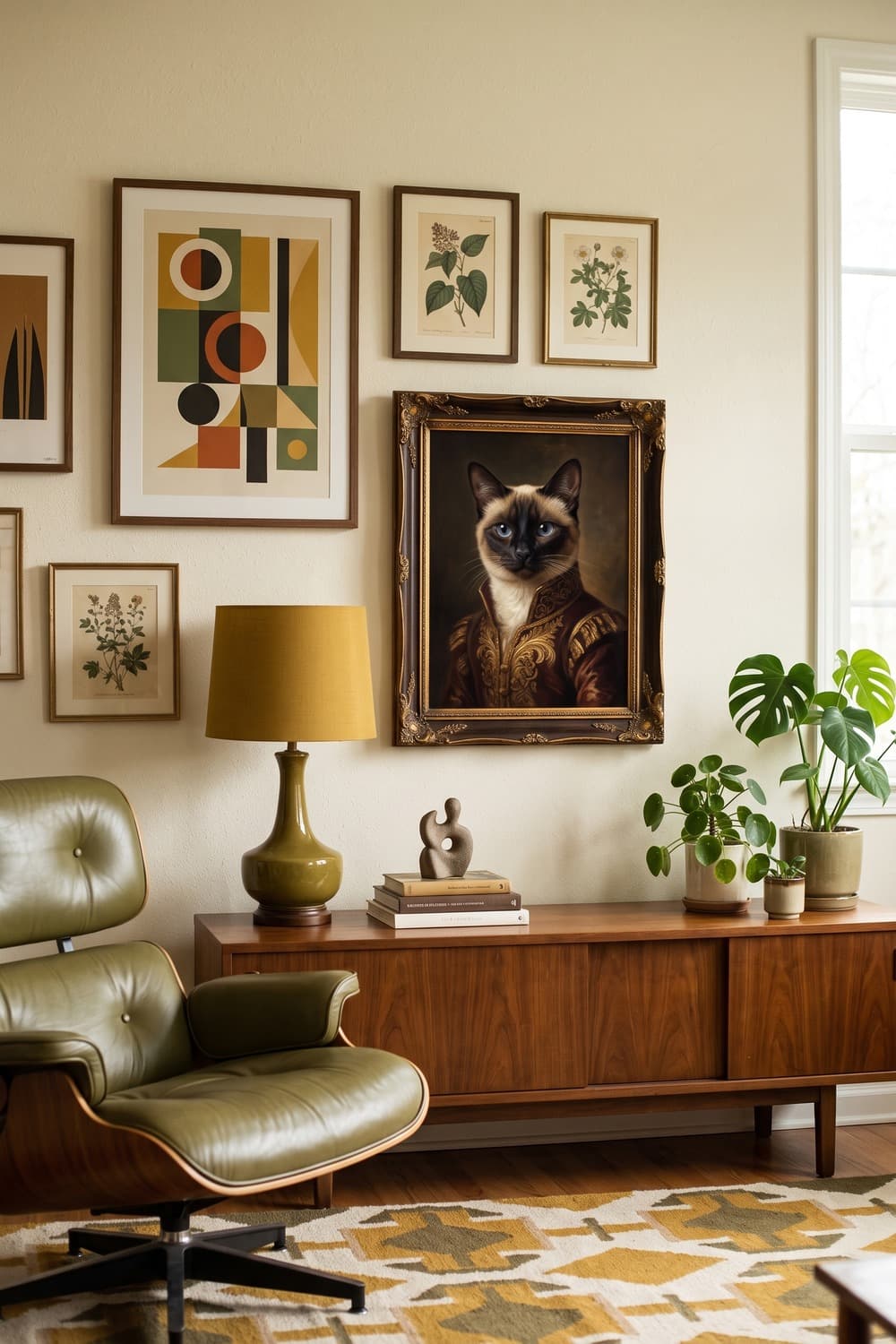Renaissance-style portrait of a Siamese cat as part of a gallery wall