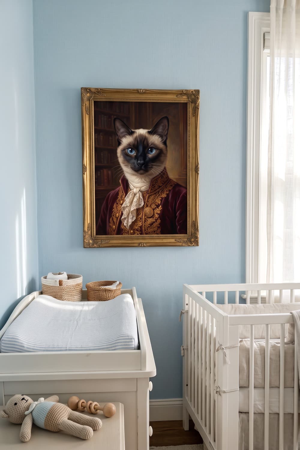 Renaissance-style portrait of a Siamese cat displayed in a nursery