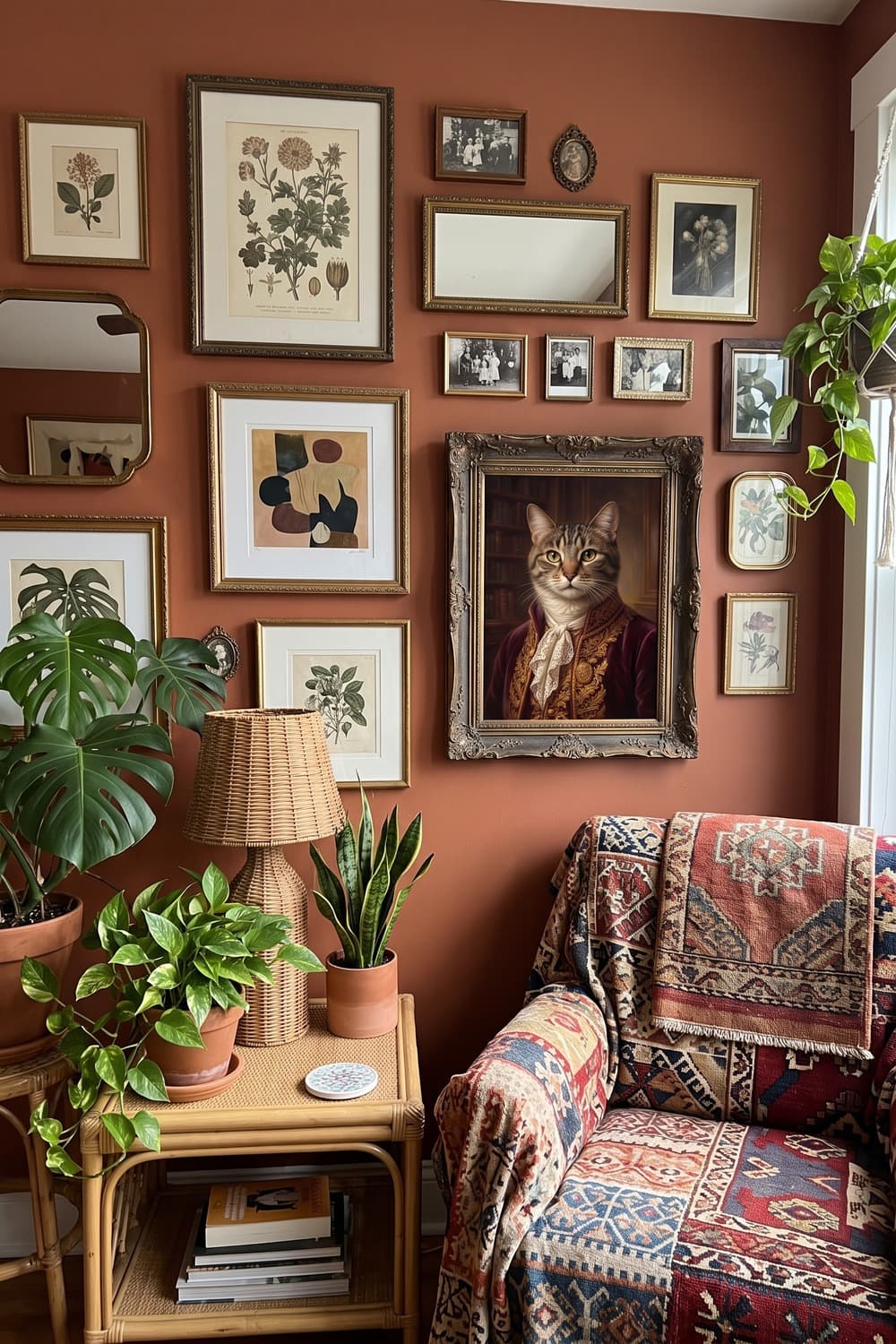 Renaissance-style portrait of a tabby cat as part of a gallery wall
